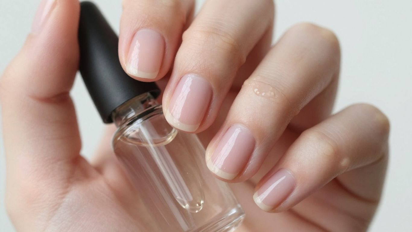 Hand mit Gelnägeln und Nagelöl Flasche